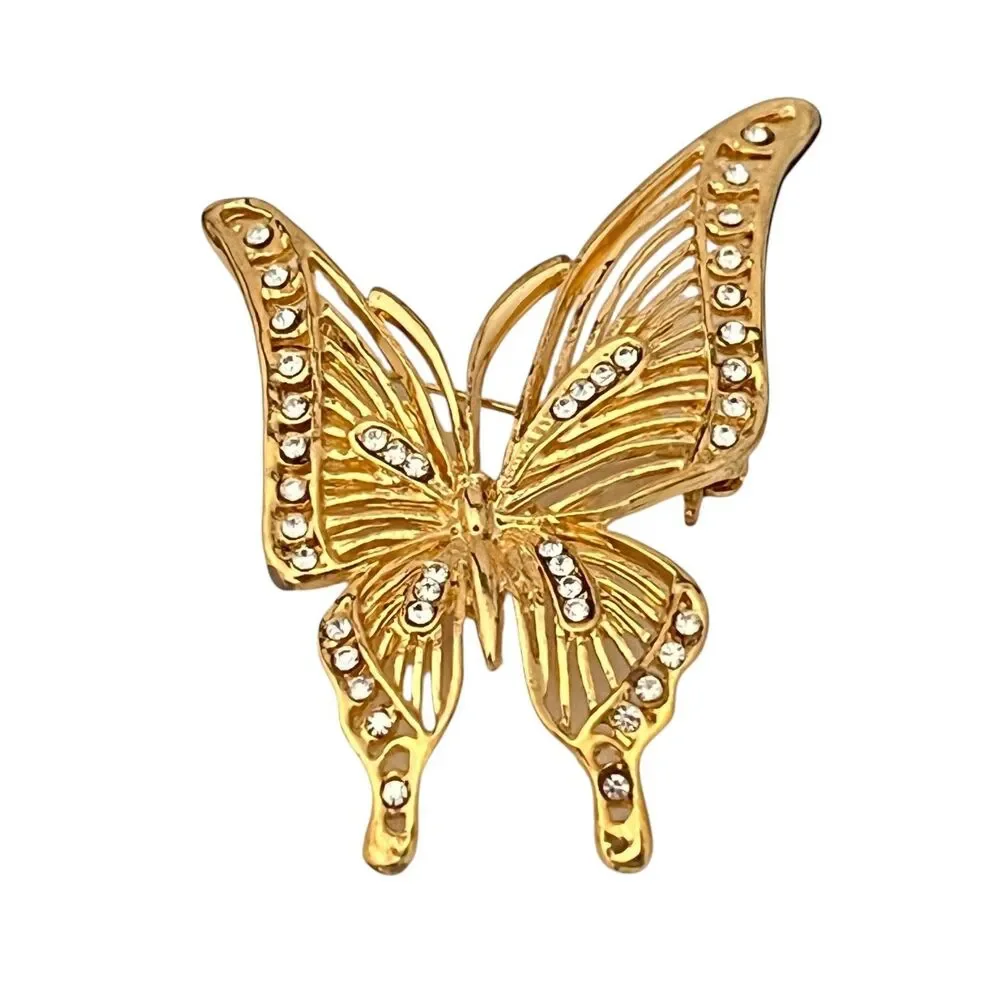 2000s Butterfly Brooch Clear Rhinestone Openwork Gold Tone Statement - 1I